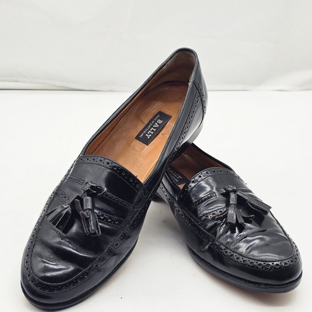 Bally Tassel Loafers Mens 9.5 D Black Good Wingtip Brogue Swiss Made Leather